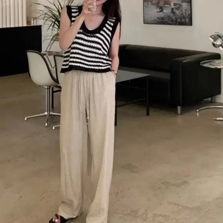 [BUNJANG] Striped Crochet Knit Vest / 스트라이프 크로셰 니트 조끼 베스트