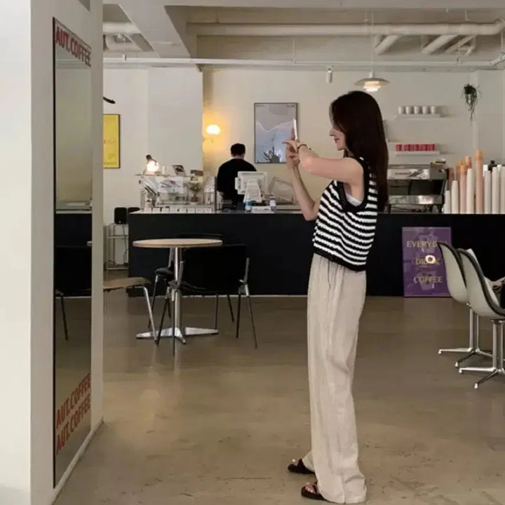 [BUNJANG] Striped Crochet Knit Vest / 스트라이프 크로셰 니트 조끼 베스트