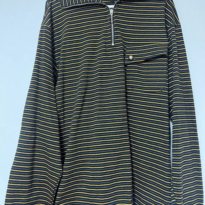 [BUNJANG] Pocket Stripe Half-Zip Long Sleeve T-Shirt / 새상품) 포켓 스트라이프 반집업 쭉티