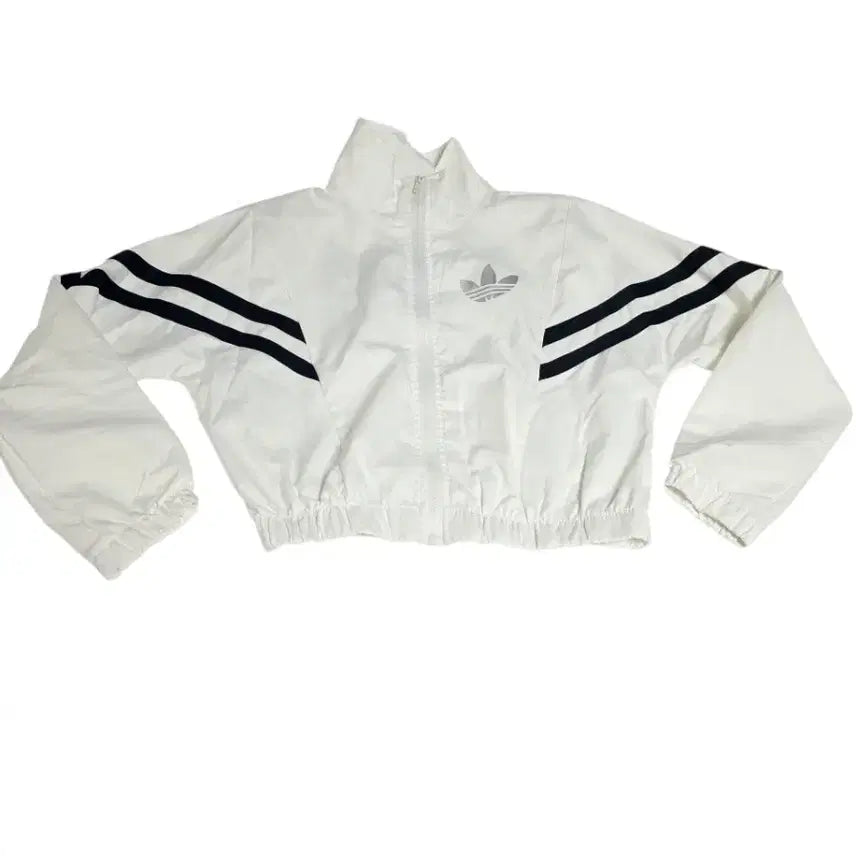 [BUNJANG] Adidas Y2K White Black Two-Line Back Logo Crop Windbreaker Jacket / [아디다스] Y2K 화이트 블랙 투라인 백로고 크롭 바람막이 자켓