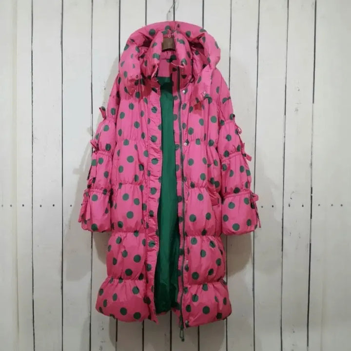 [BUNJANG] Pink Waterdrop Pattern Long Down Padded Coat / 핑크 물방울 덕다운 롱패딩