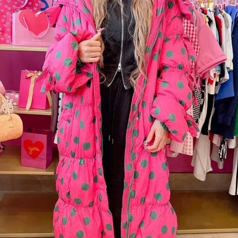 [BUNJANG] Pink Waterdrop Pattern Long Down Padded Coat / 핑크 물방울 덕다운 롱패딩
