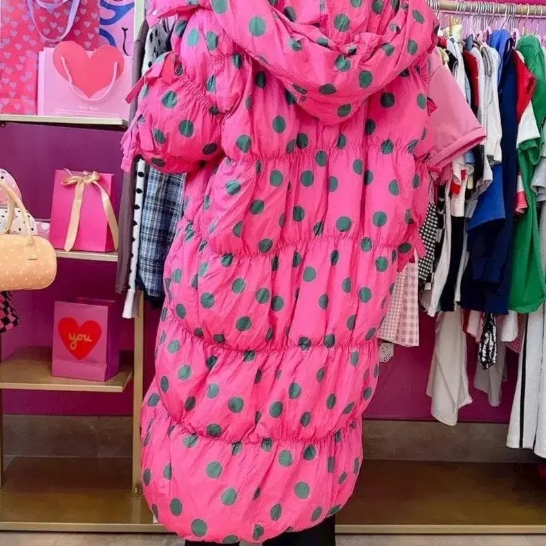 [BUNJANG] Pink Waterdrop Pattern Long Down Padded Coat / 핑크 물방울 덕다운 롱패딩