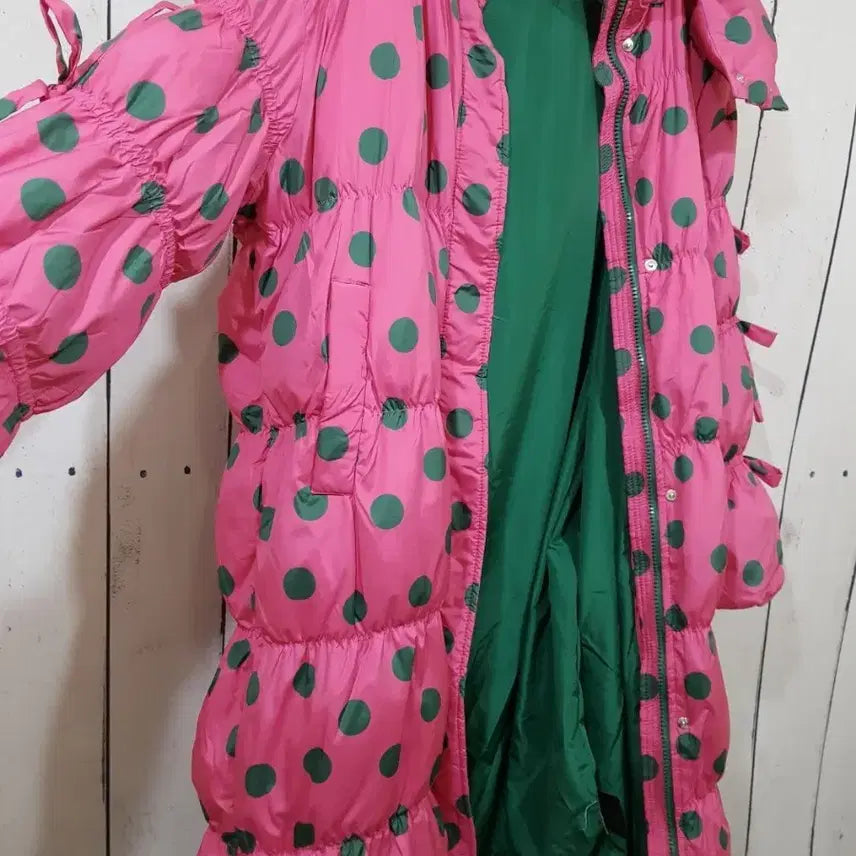 [BUNJANG] Pink Waterdrop Pattern Long Down Padded Coat / 핑크 물방울 덕다운 롱패딩
