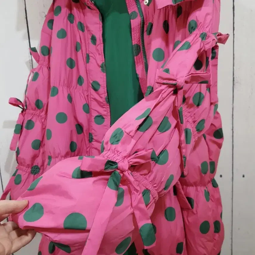 [BUNJANG] Pink Waterdrop Pattern Long Down Padded Coat / 핑크 물방울 덕다운 롱패딩