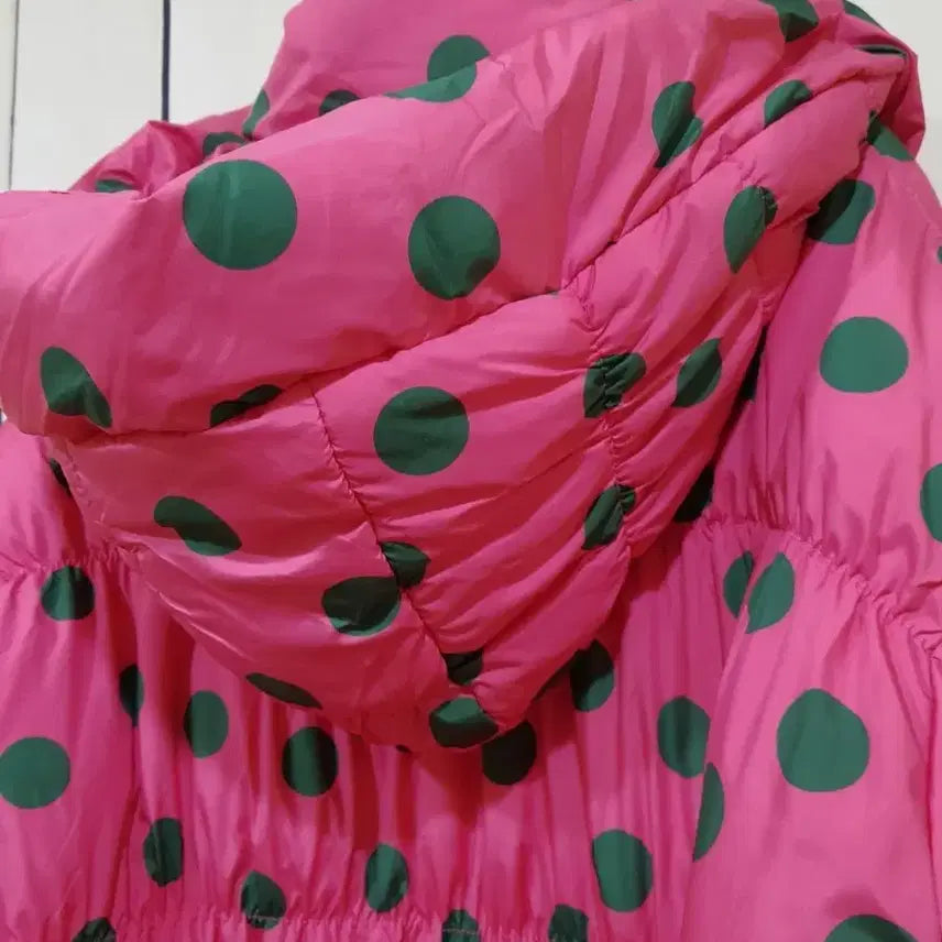 [BUNJANG] Pink Waterdrop Pattern Long Down Padded Coat / 핑크 물방울 덕다운 롱패딩