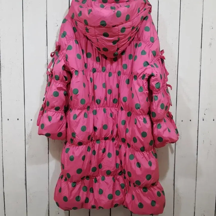 [BUNJANG] Pink Waterdrop Pattern Long Down Padded Coat / 핑크 물방울 덕다운 롱패딩
