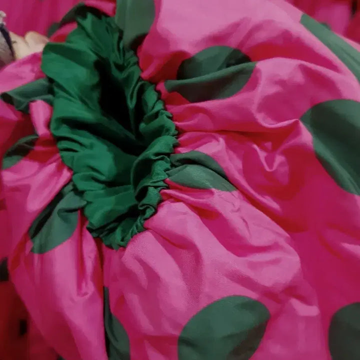 [BUNJANG] Pink Waterdrop Pattern Long Down Padded Coat / 핑크 물방울 덕다운 롱패딩