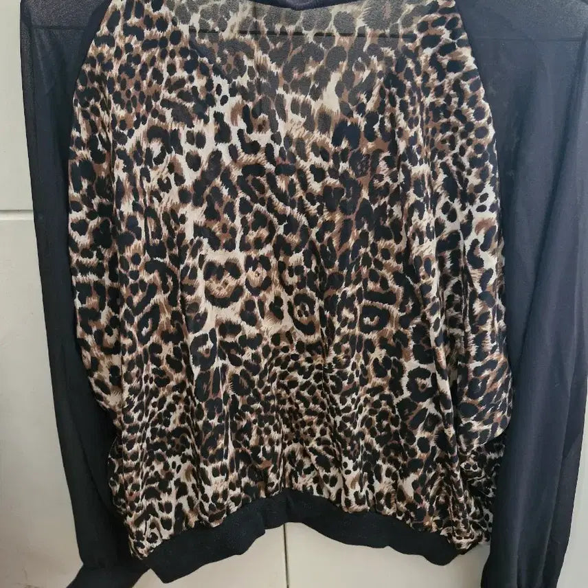 [BUNJANG] Black Chiffon Leopard Pattern Zip-up Jacket / 레오파드 패턴 블랙 쉬폰 집업