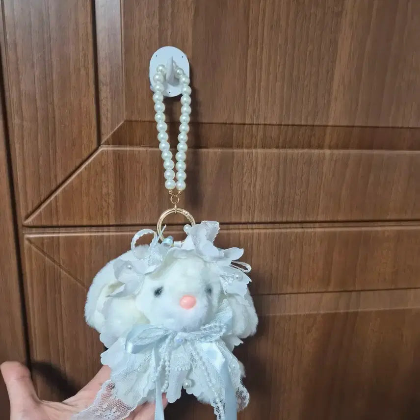 [BUNJANG] Rabbit Plush Charm with Pearl Strap / 토끼 인형 키링 진주 스트랩