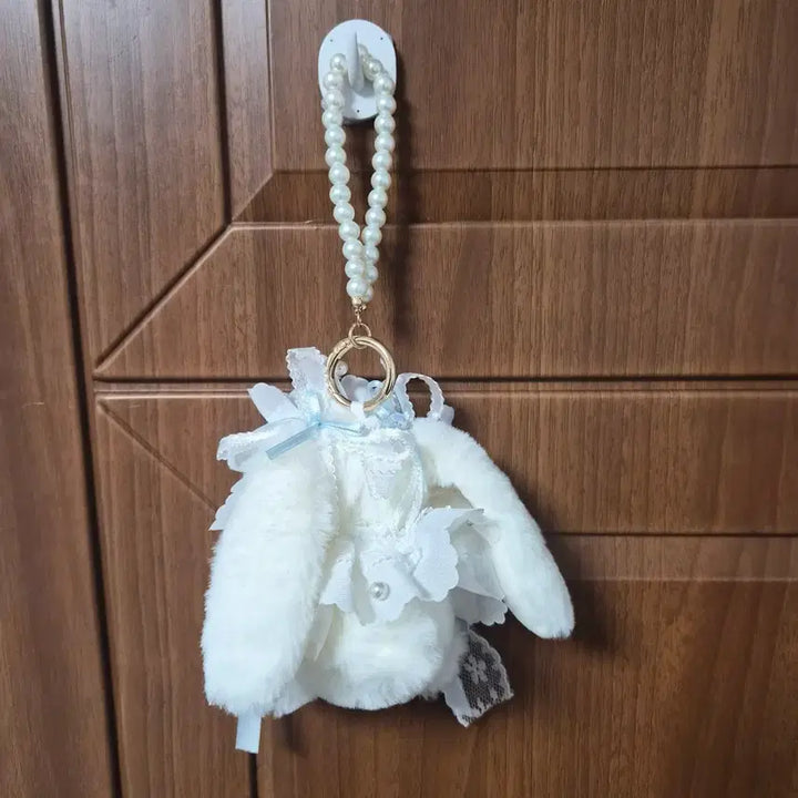 [BUNJANG] Rabbit Plush Charm with Pearl Strap / 토끼 인형 키링 진주 스트랩