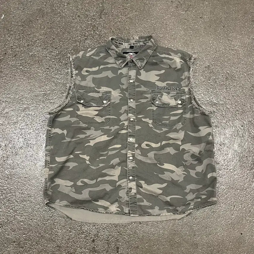 [BUNJANG] Harley-Davidson Woodland Pattern Sleeveless Shirt (2XL) / 할리데이비슨 슬리브리스 셔츠 (110)