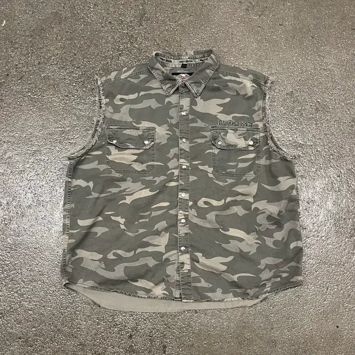[BUNJANG] Harley-Davidson Woodland Pattern Sleeveless Shirt (2XL) / 할리데이비슨 슬리브리스 셔츠 (110)