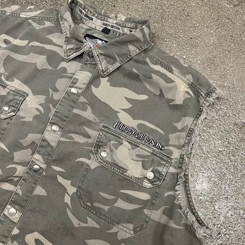 [BUNJANG] Harley-Davidson Woodland Pattern Sleeveless Shirt (2XL) / 할리데이비슨 슬리브리스 셔츠 (110)