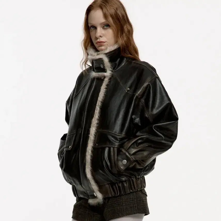 [BUNJANG] Leather Mustang Bomber Jacket with Fur Trim / 가죽 무스탕 자켓 퍼 트리밍 봄버(무료배송)