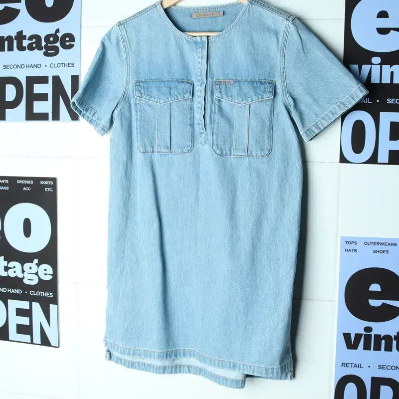 [BUNJANG] Calvin Klein Denim Dress / W(S) 캘빈클라인 반팔 티셔츠 청 데님 원피스 솔리드-17818