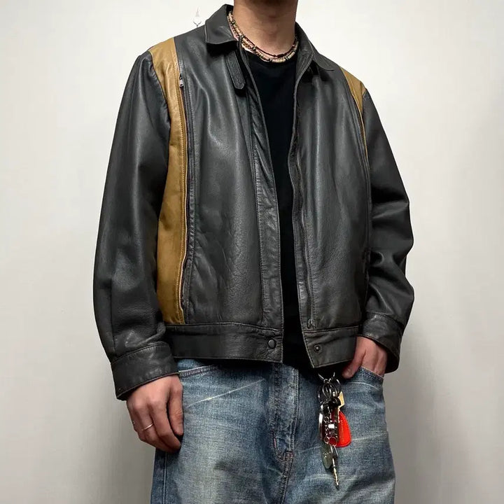 [BUNJANG] Vintage Real Leather Sheepskin Sport Jacket / 80-90s 리얼레더 쉽스킨 양가죽 스포츠자켓 블루종