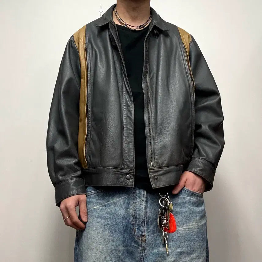 [BUNJANG] Vintage Real Leather Sheepskin Sport Jacket / 80-90s 리얼레더 쉽스킨 양가죽 스포츠자켓 블루종