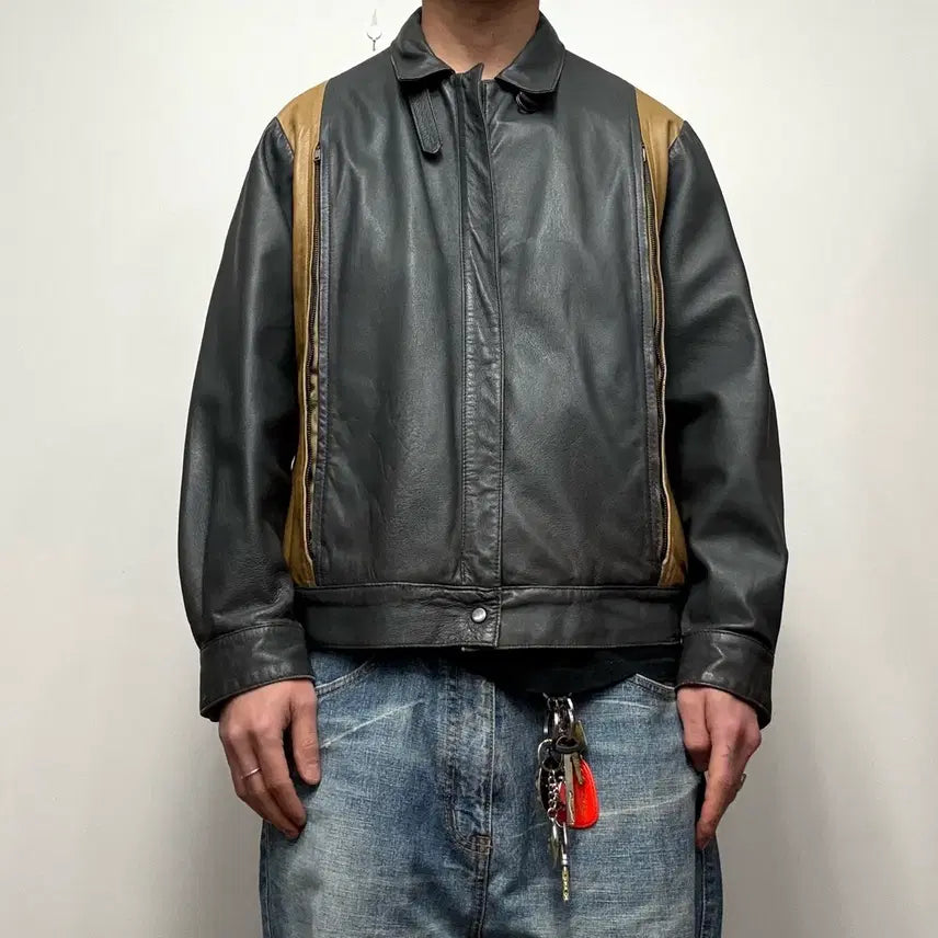 [BUNJANG] Vintage Real Leather Sheepskin Sport Jacket / 80-90s 리얼레더 쉽스킨 양가죽 스포츠자켓 블루종