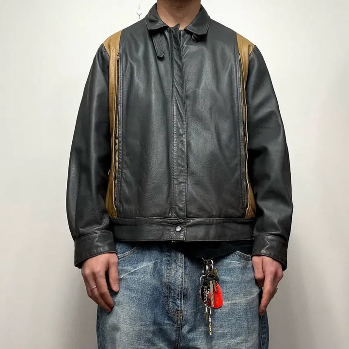 [BUNJANG] Vintage Real Leather Sheepskin Sport Jacket / 80-90s 리얼레더 쉽스킨 양가죽 스포츠자켓 블루종