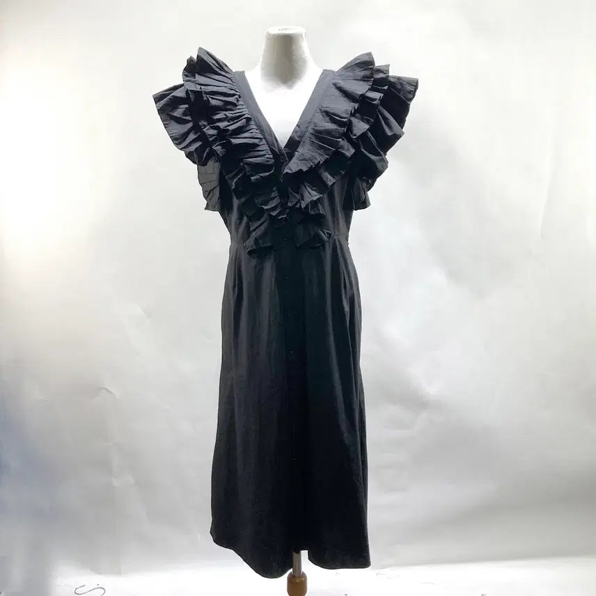 [BUNJANG] Youngguje V-Neck Frill Long Dress - Black S / 여성 브이넥 프릴 롱원피스 블랙 S 영구제