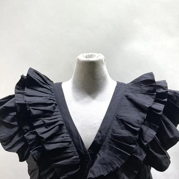 [BUNJANG] Youngguje V-Neck Frill Long Dress - Black S / 여성 브이넥 프릴 롱원피스 블랙 S 영구제