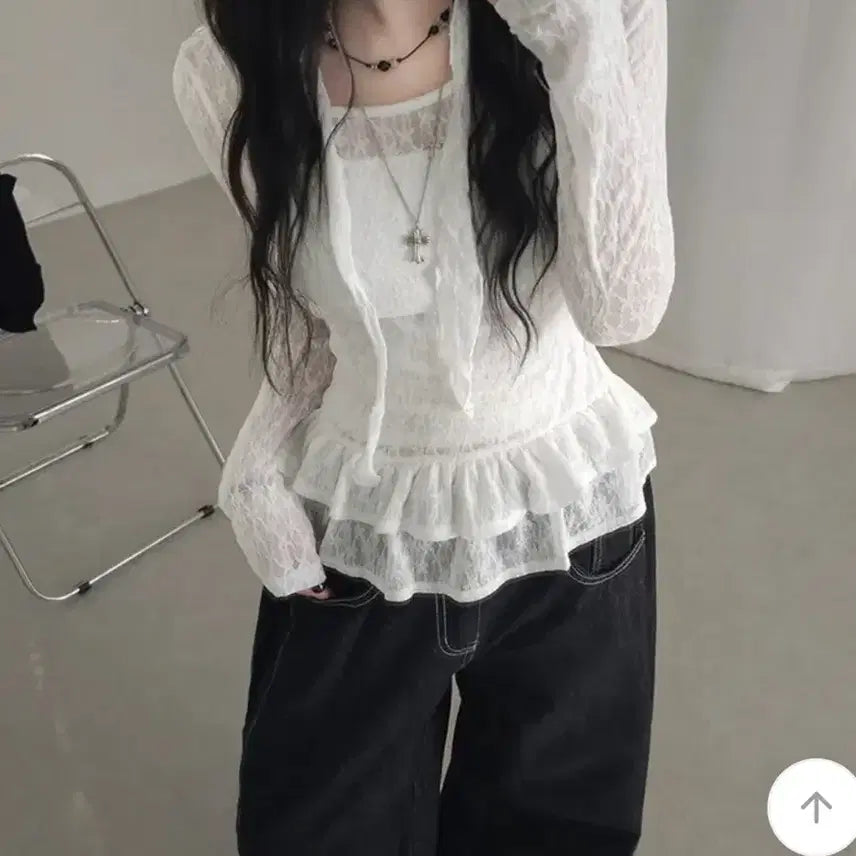 [BUNJANG] Floral See-Through Lace Ruffle Layered Long Sleeve T-shirt and Scarf Set / 플라워 시스루 레이스 캉캉 프릴 레이어드 긴팔티셔츠 머플러세트