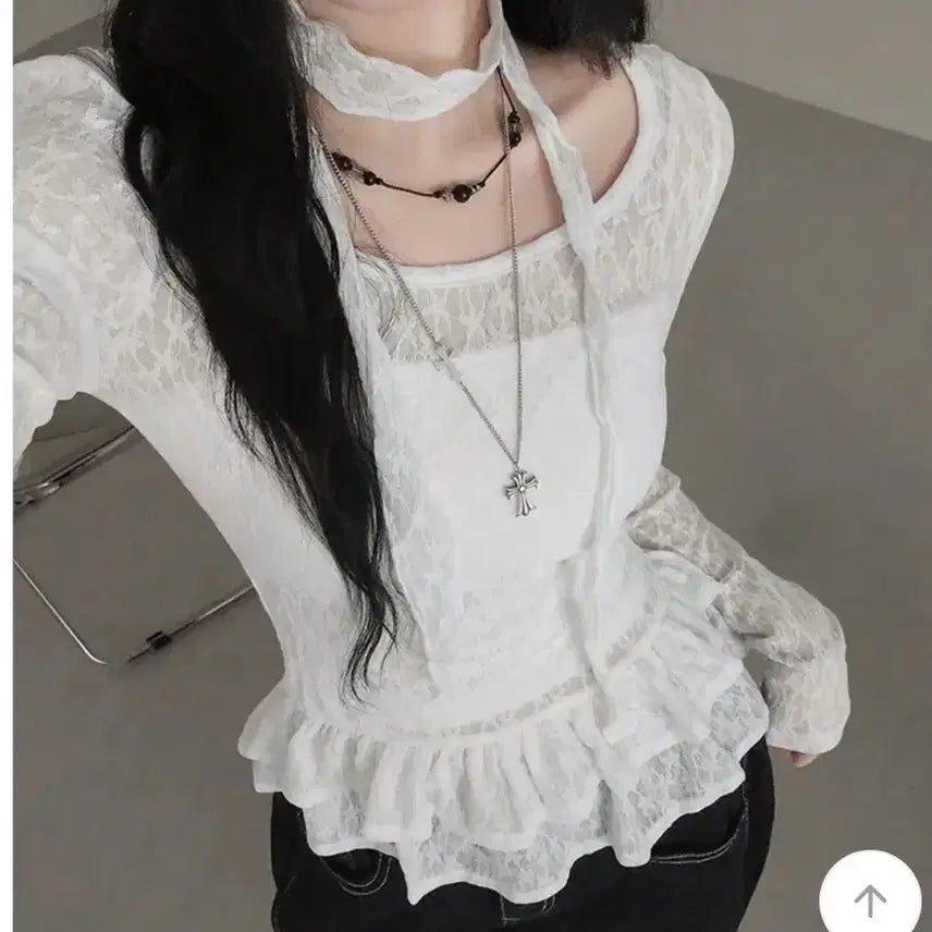 [BUNJANG] Floral See-Through Lace Ruffle Layered Long Sleeve T-shirt and Scarf Set / 플라워 시스루 레이스 캉캉 프릴 레이어드 긴팔티셔츠 머플러세트