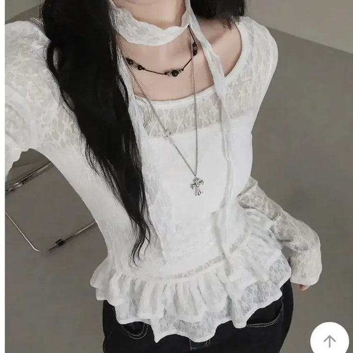 [BUNJANG] Floral See-Through Lace Ruffle Layered Long Sleeve T-shirt and Scarf Set / 플라워 시스루 레이스 캉캉 프릴 레이어드 긴팔티셔츠 머플러세트