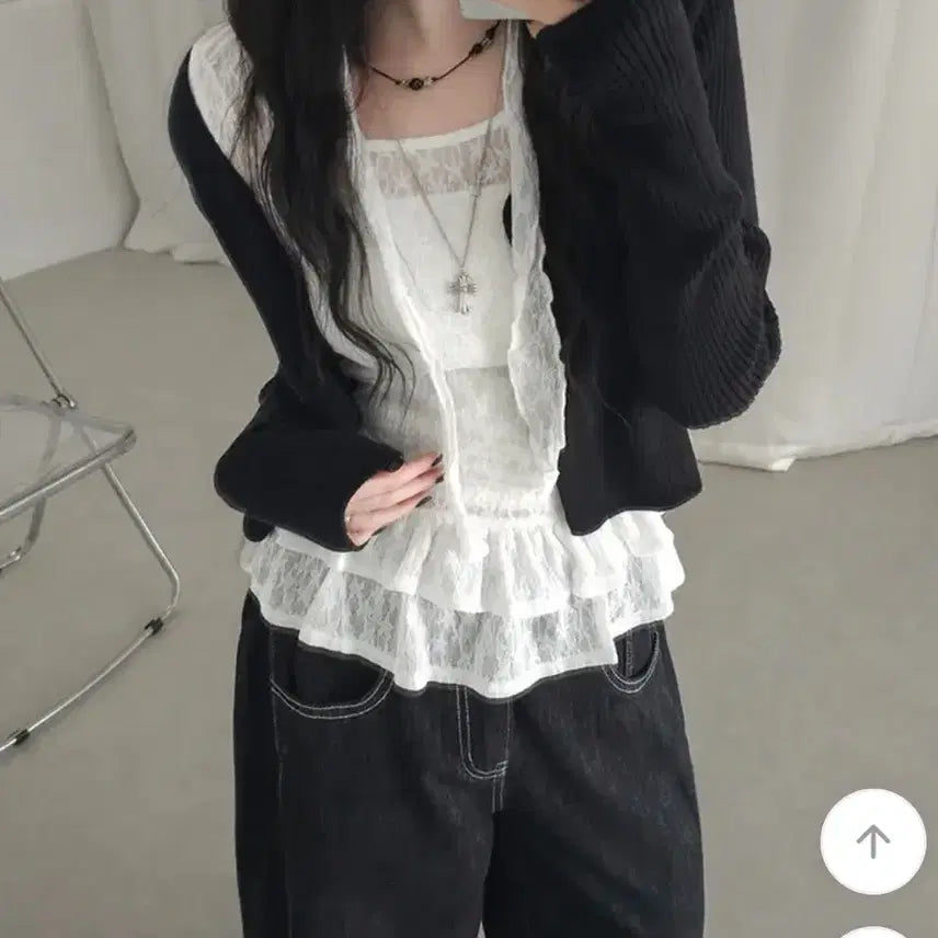 [BUNJANG] Floral See-Through Lace Ruffle Layered Long Sleeve T-shirt and Scarf Set / 플라워 시스루 레이스 캉캉 프릴 레이어드 긴팔티셔츠 머플러세트