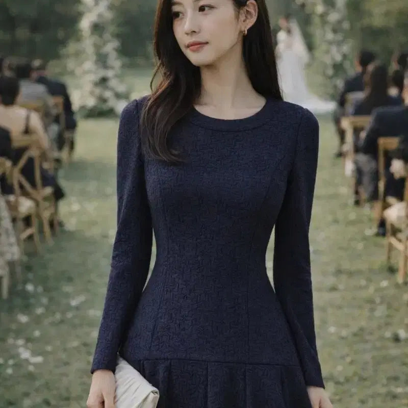 [BUNJANG] JJ JIGOTT Vintage Navy Jacquard Flare Dress / JJ지고트 프리미엄 빈티지 네이비 자카드 플레어 원피스 (44~날씬55)