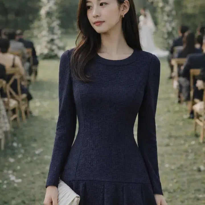 [BUNJANG] JJ JIGOTT Vintage Navy Jacquard Flare Dress / JJ지고트 프리미엄 빈티지 네이비 자카드 플레어 원피스 (44~날씬55)