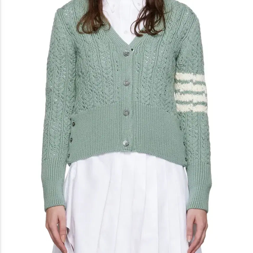 [BUNJANG] Thom Browne 4 Bar Cable Knit Cardigan Sage Color / 톰브라운 4BAR 케이블 니트 가디건 세이지컬러 40 정품