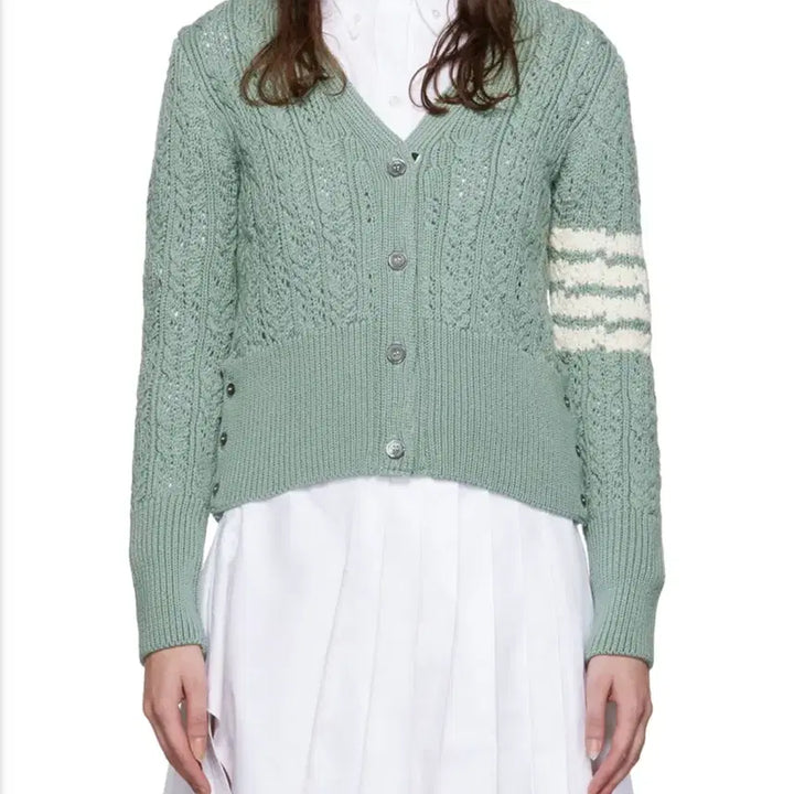 [BUNJANG] Thom Browne 4 Bar Cable Knit Cardigan Sage Color / 톰브라운 4BAR 케이블 니트 가디건 세이지컬러 40 정품