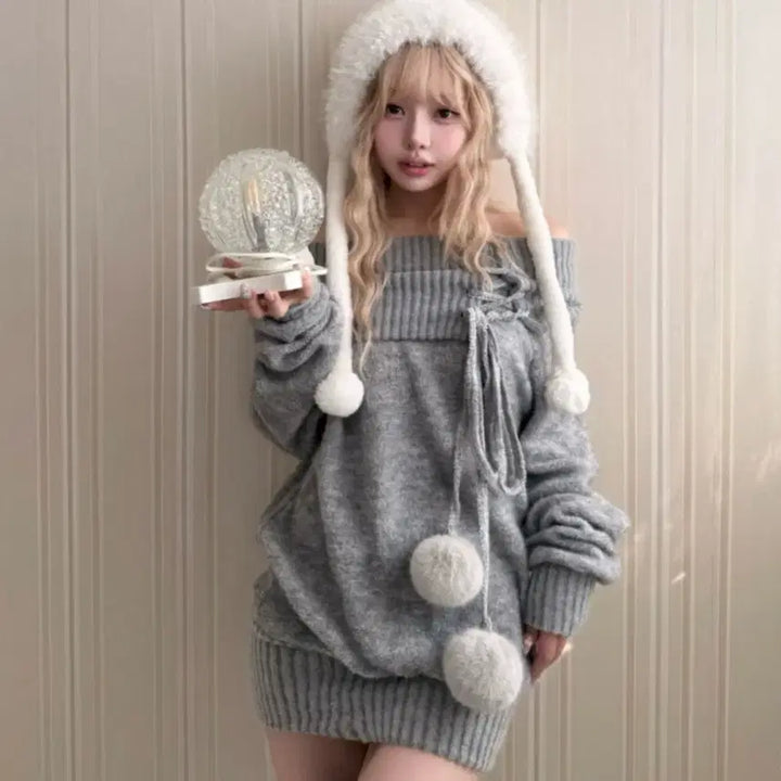 [BUNJANG] Namda Made Pom Pom Knit Dress - Gray / 남다메이드 폼폼 니트 드레스 원피스 그레이