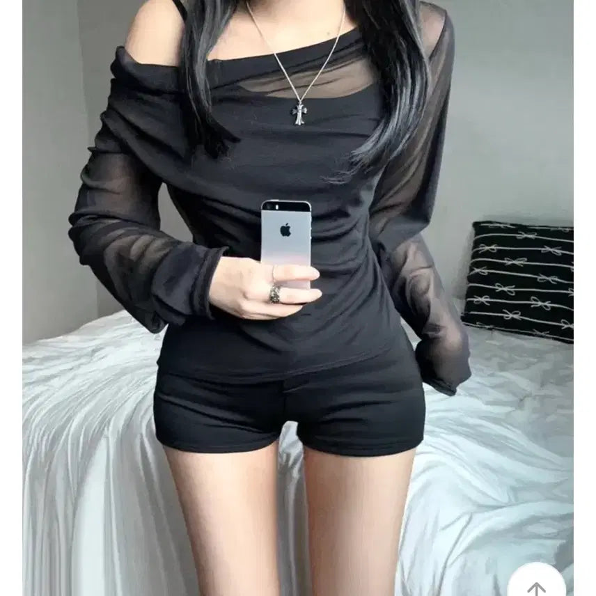 [BUNJANG] Black Shirring See-Through Top / 셔링 시스루티