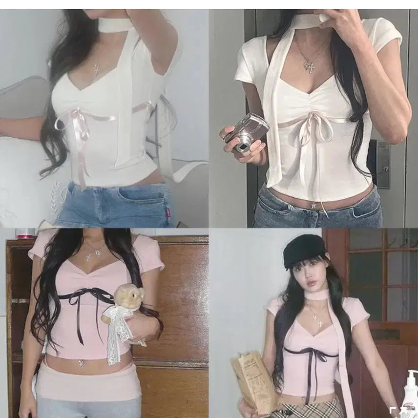 [BUNJANG] Balletcore Ribbon Short-Sleeve T-shirt / 발레코어 리본 반팔티