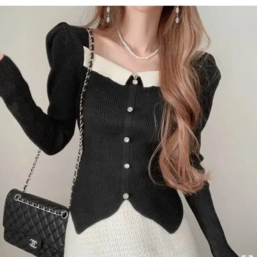 [BUNJANG] Puff Sleeve Pearl Ribbed Knit Top / 퍼프 진주 골지티