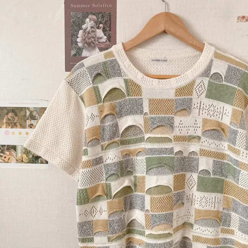 [BUNJANG] Pastel Waffle Knit Short Sleeve Sweater / 파스텔와플 반팔니트