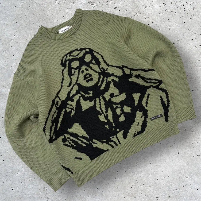 [BUNJANG] Critic Scout Boy Graphic Knit Olive / [M] 크리틱 스카웃보이 그래픽 니트 올리브 D177