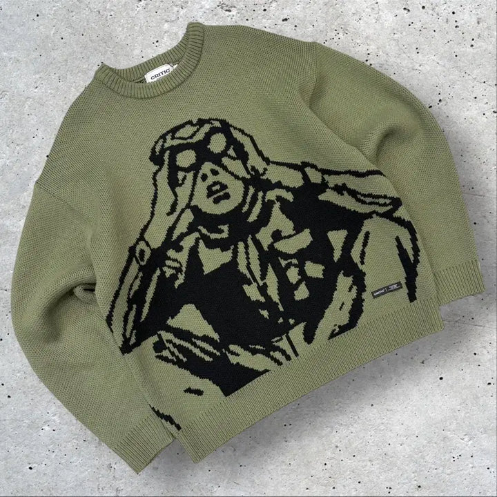 [BUNJANG] Critic Scout Boy Graphic Knit Olive / [M] 크리틱 스카웃보이 그래픽 니트 올리브 D177