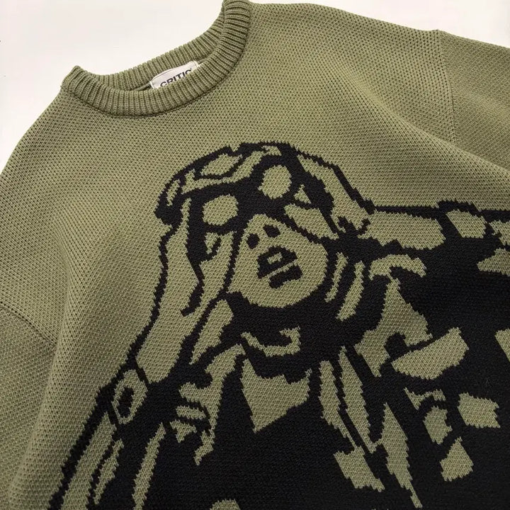 [BUNJANG] Critic Scout Boy Graphic Knit Olive / [M] 크리틱 스카웃보이 그래픽 니트 올리브 D177
