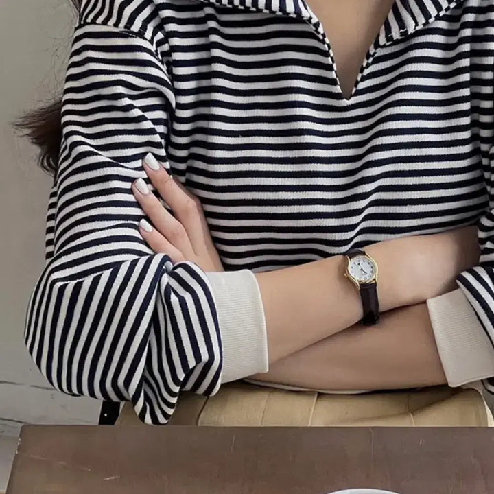[BUNJANG] Like You Striped Collar Sweatshirt / 라이크유 스트라이프 카라 맨투맨