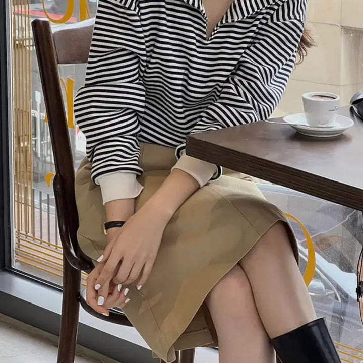 [BUNJANG] Like You Striped Collar Sweatshirt / 라이크유 스트라이프 카라 맨투맨