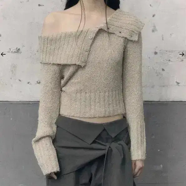 [BUNJANG] Bohemian Seoul Ribbed Button Off-Shoulder Knit Top / 보헤미안서울 리브드 버튼 오프숄더 니트 F 오트밀