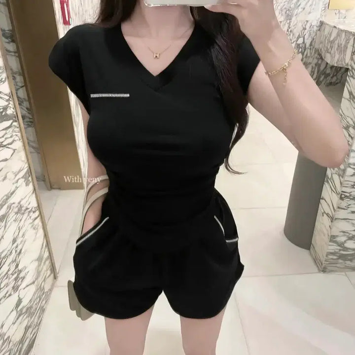 [BUNJANG] Imported Clothing Beaded Shirred Set / 수입의류 비즈 셔링 세트 (화이트/블랙)