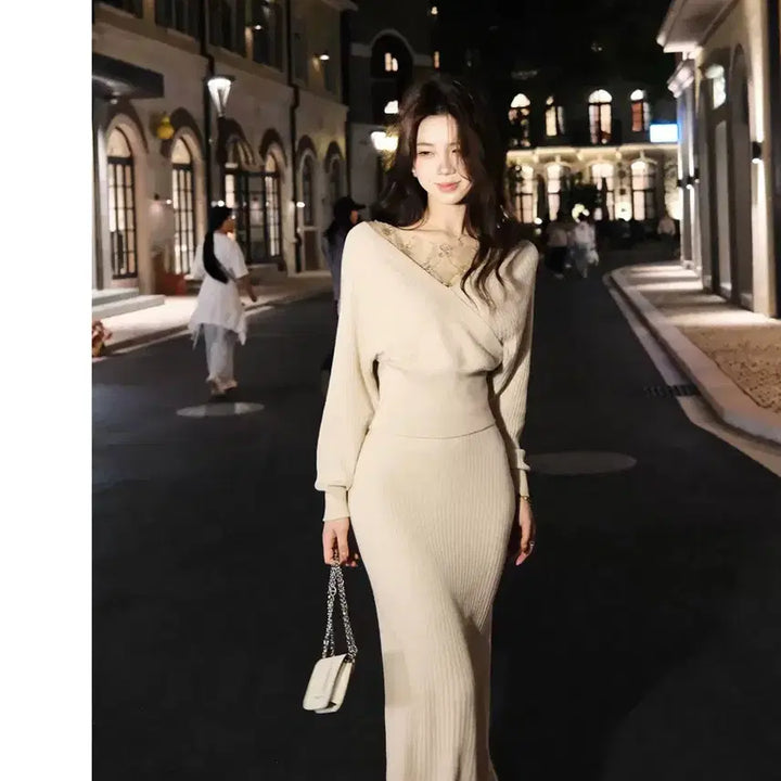 [BUNJANG] Ivory Wrap Style Knit Long Dress / 아이보리 랩 스타일 니트 롱 원피스