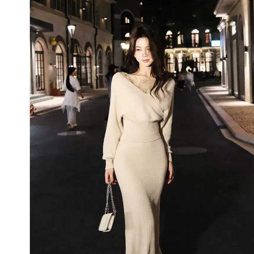 [BUNJANG] Ivory Wrap Style Knit Long Dress / 아이보리 랩 스타일 니트 롱 원피스