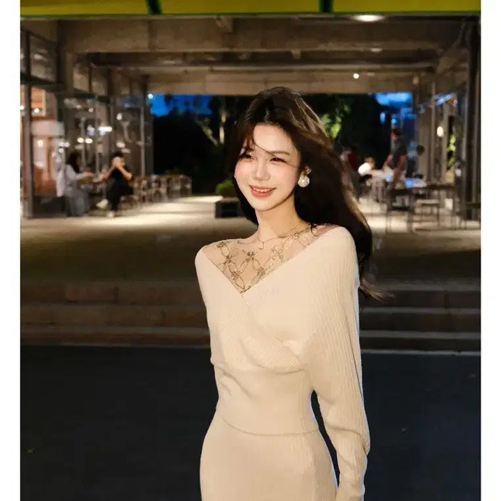 [BUNJANG] Ivory Wrap Style Knit Long Dress / 아이보리 랩 스타일 니트 롱 원피스