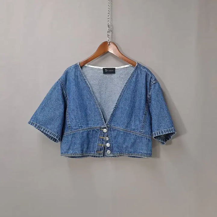 [BUNJANG] 2Times Denim Crop Short Sleeve Jacket / 2Times 단추포인트 데님 크롭 반팔 자켓